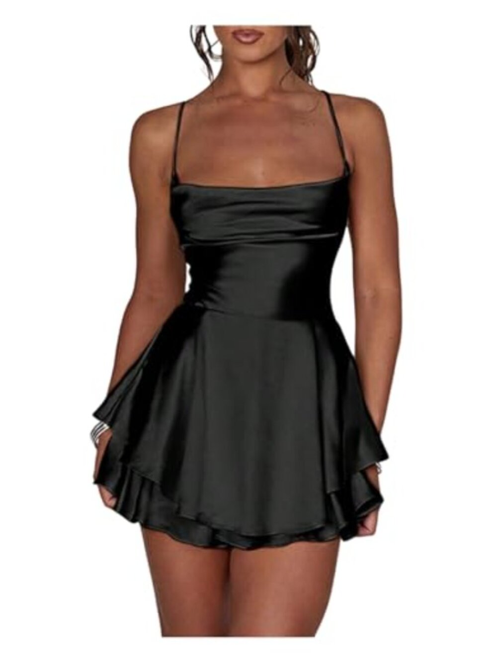 Satin Short Romper Dress Lace Up Tie Ruffle Mini Dress